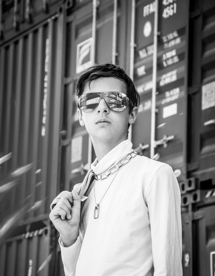 Black And White Photo Of Man Wearing Reflective Sunglasses