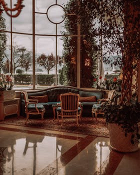 Luxury hotel lobby with views of Lake Maggiore in Stresa, Italy.