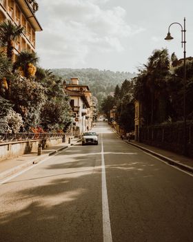 Quaint street view in Stresa, Italy, lined with vibrant foliage and classic architecture.