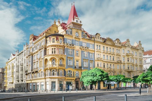 View of a Colorful Tenement House in Strossmayer Square in Prague, Czech Republic