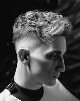 Stylish black and white portrait of a young man with a modern haircut.