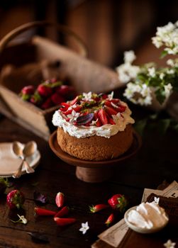 Delicious homemade cake with strawberries and cream, styled in a rustic French ambiance.