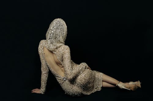 Woman Sitting in Glittering Dress with Hood