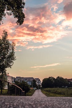 通往日落的郊区道路绿树成荫，云雾缭绕的天空下风景如画