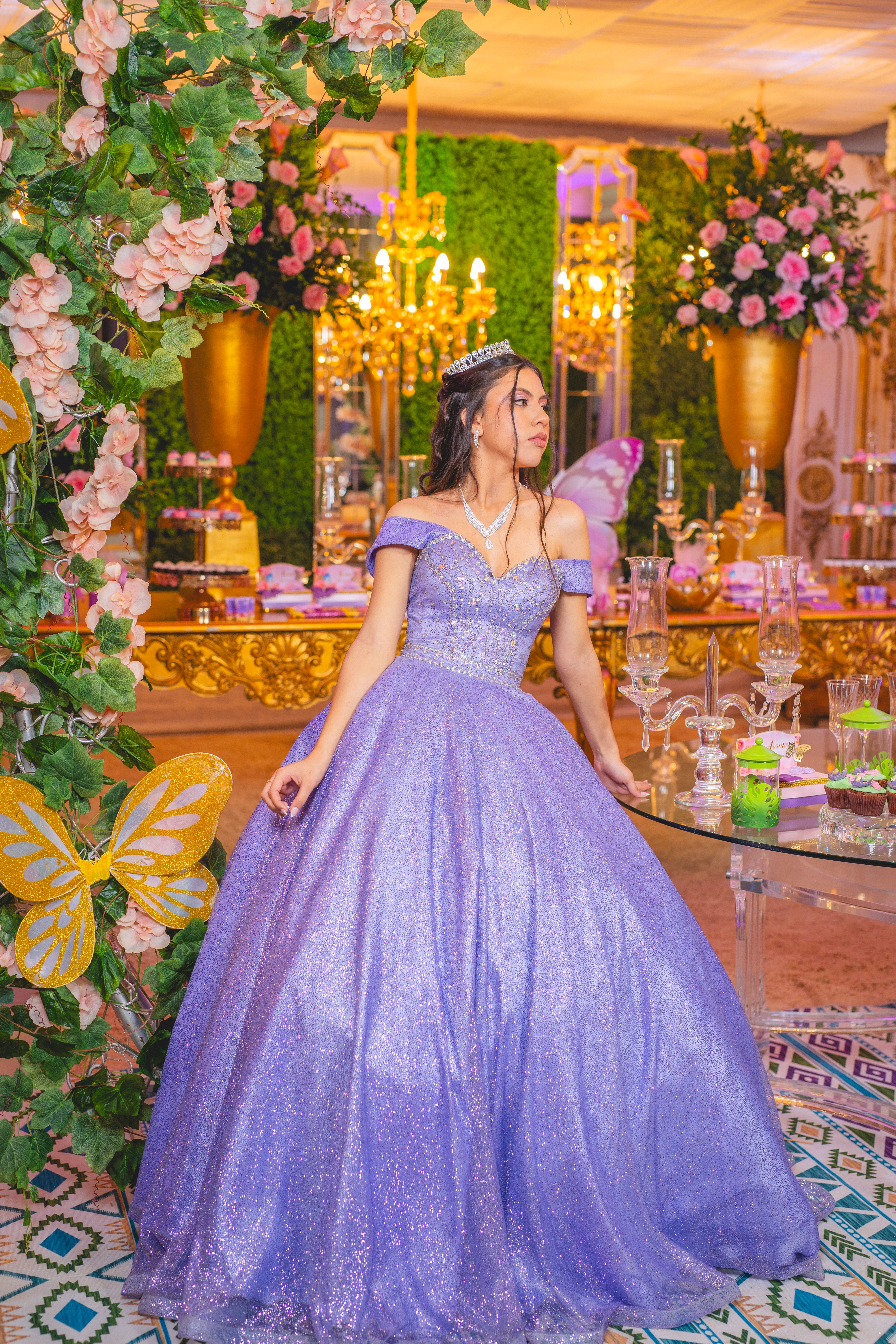 Quinceañera tiara and lavender gown
