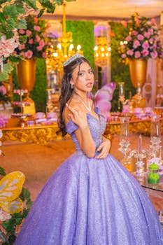 Beautiful quinceañera celebration with a teenage girl in a sparkling purple gown posing under luxurious decorations.