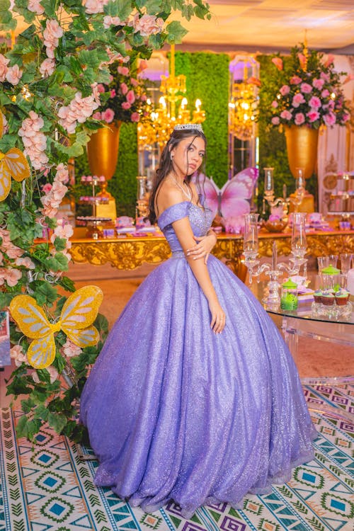 Bride in Crown Standing in Banquet Hall