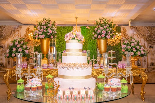 Elegant quinceañera celebration setup with floral decoration and a grand cake centerpiece.