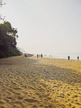 Serene beach with people walking along the sandy shore in Kerala, India, under bright daylight.
