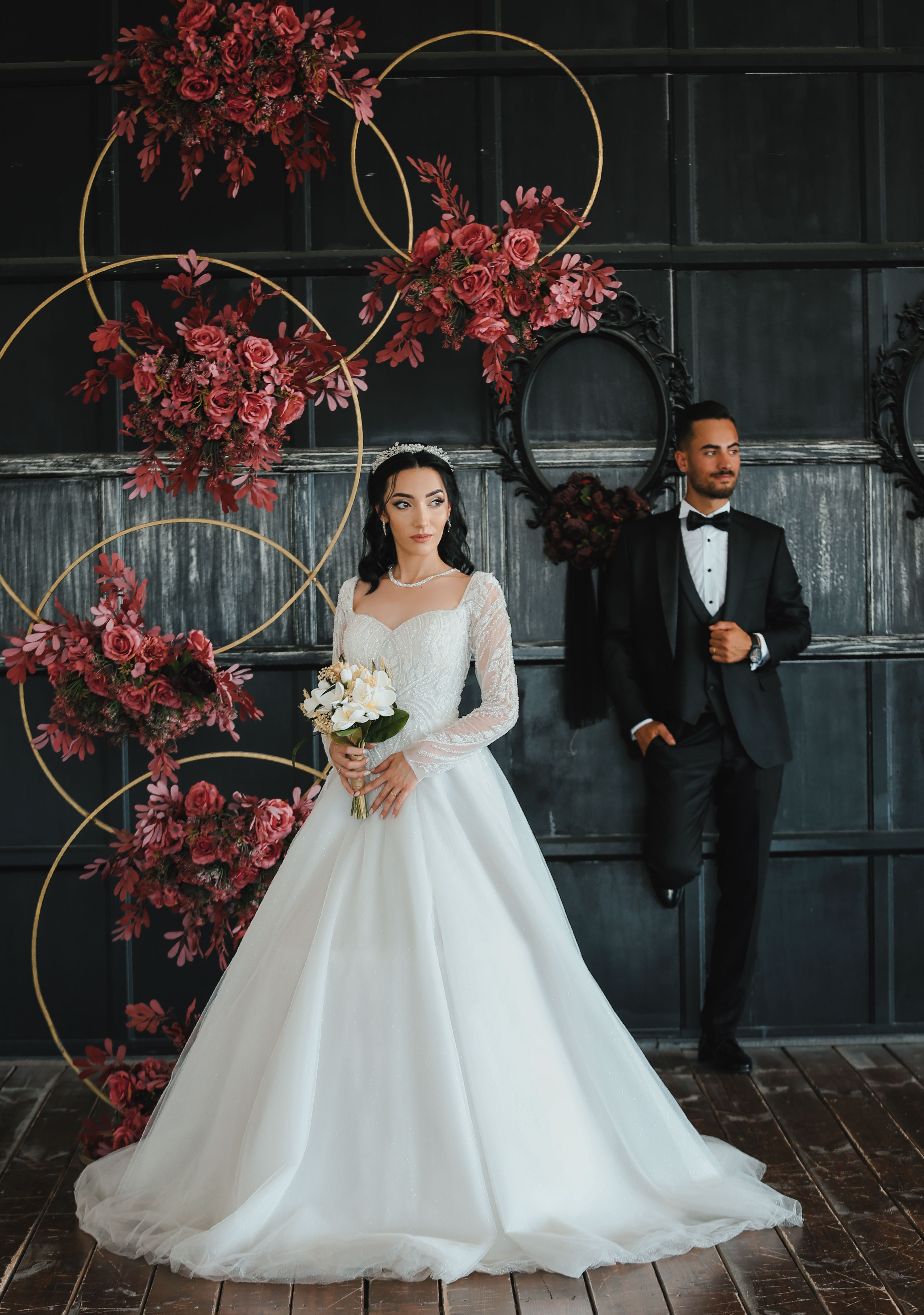 Newlyweds Standing in Wedding Dress and Tuxedo · Free Stock Photo
