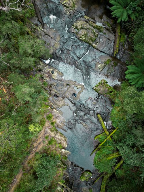 Free A serene aerial view of a forest river flowing over rocks surrounded by lush greenery. Stock Photo