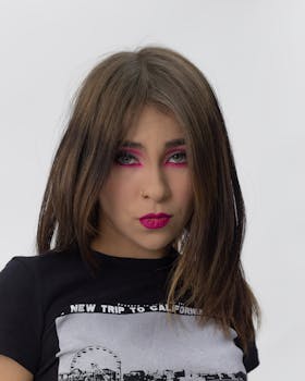 Portrait of a young woman with striking pink makeup and t-shirt against a white background.