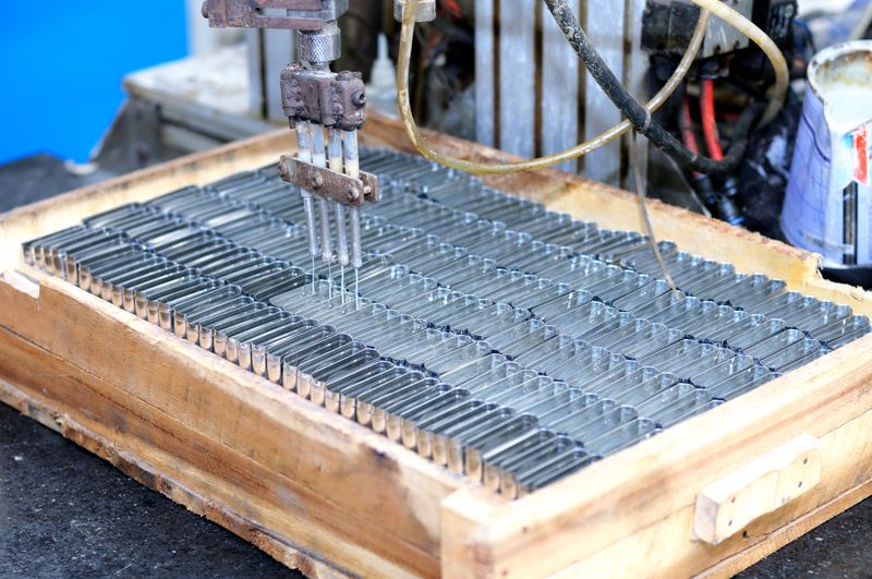 Close-up of an automated machine processing metal parts in an industrial setting