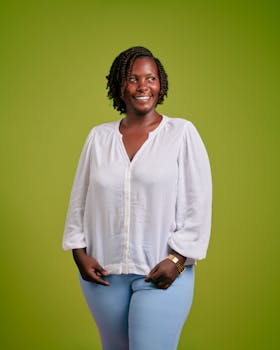 Smiling woman in white shirt and jeans posing confidently in a studio setting with a green background.