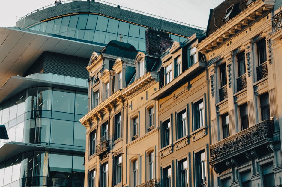A striking blend of modern and classic architecture in downtown Brussels, Belgium.