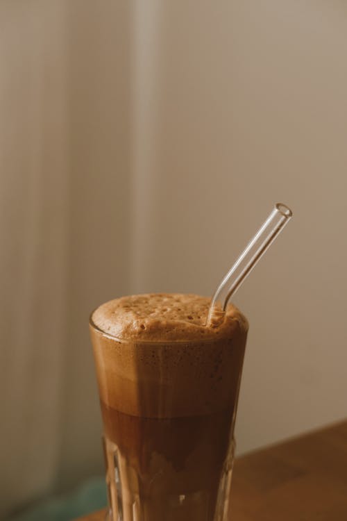 Free Chocolate Drink with Glass Drinking Straw Stock Photo