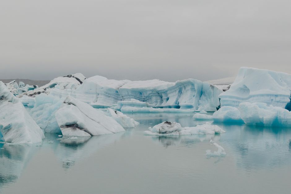 Icebergs floating in Jökulsárlón glacier lagoon on Iceland's South Coast