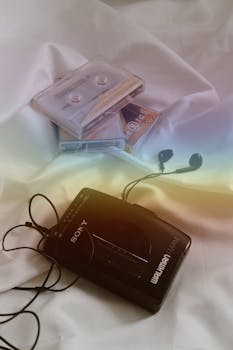 A classic Walkman with cassettes and earphones, evoking nostalgia.