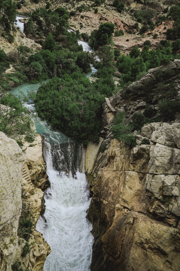 View Of The Waterfall In Caminito Del Rey, Ardales, Spain