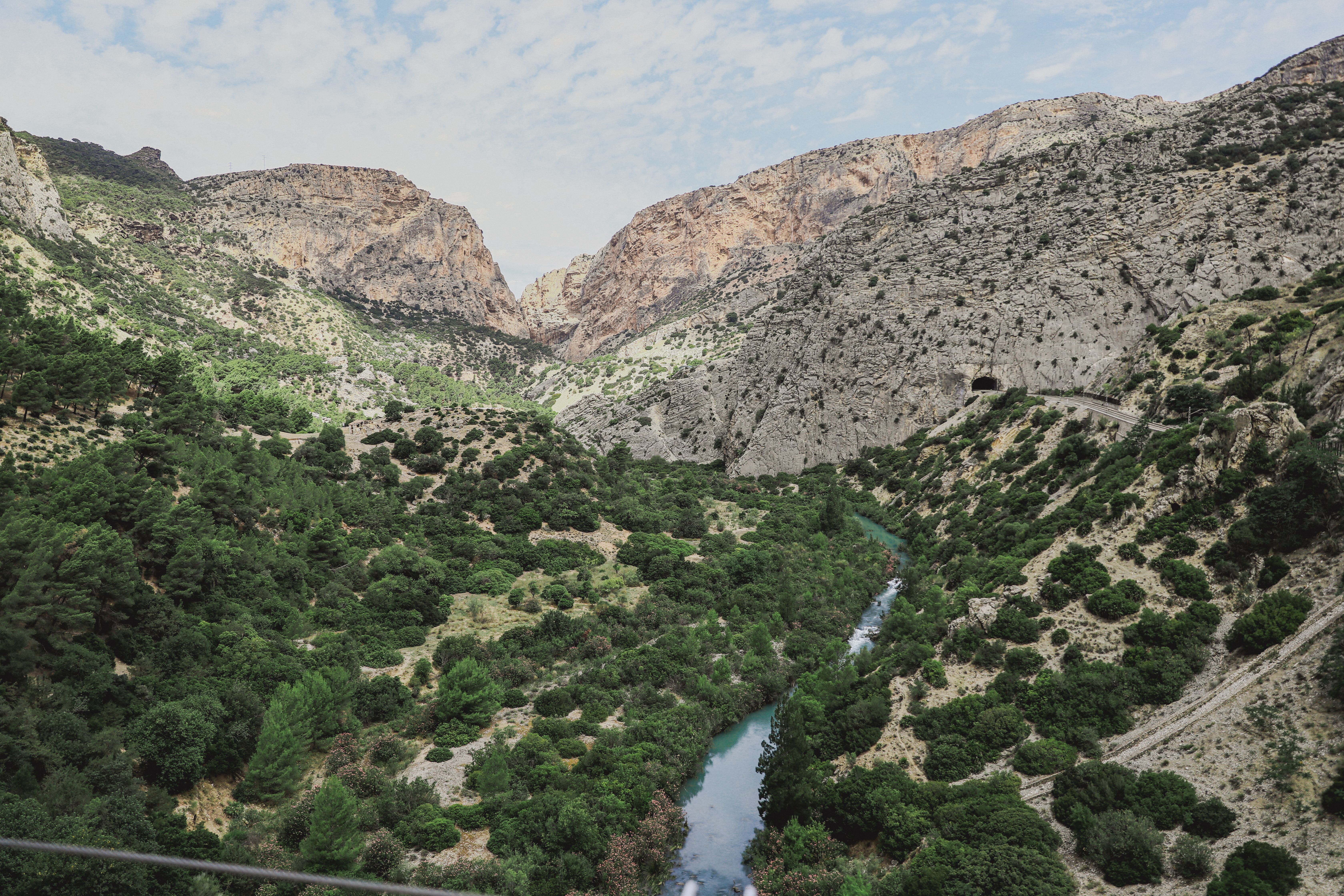 Breathtaking landscape of El Chorro gorge with river and mountains in Spain.