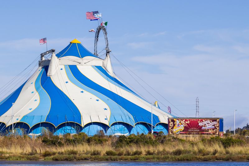 Blue and white striped circus tent under sky