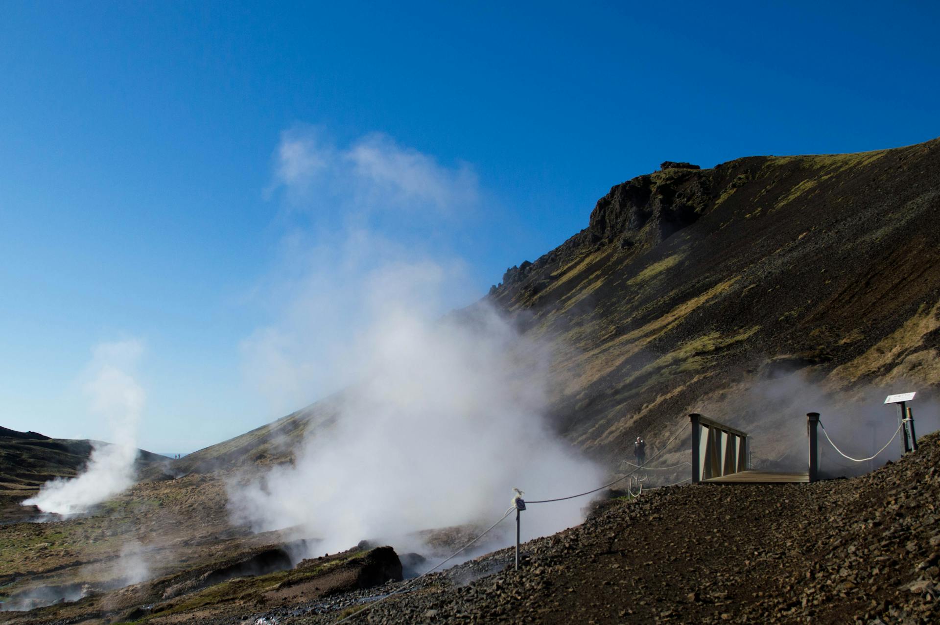 View of steaming geothermal landscape near Reykjavík, Iceland.