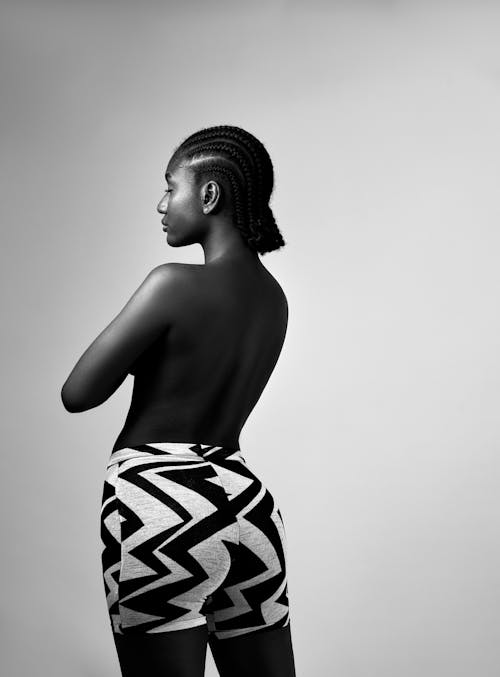 Young Woman Posing in Zigzag Pattern Shorts