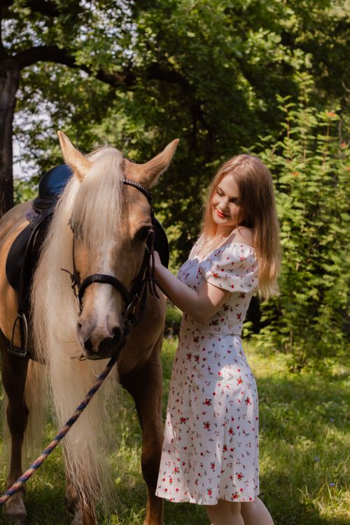 Free A woman enjoys a sunny day with her horse in a lush rural setting. Stock Photo