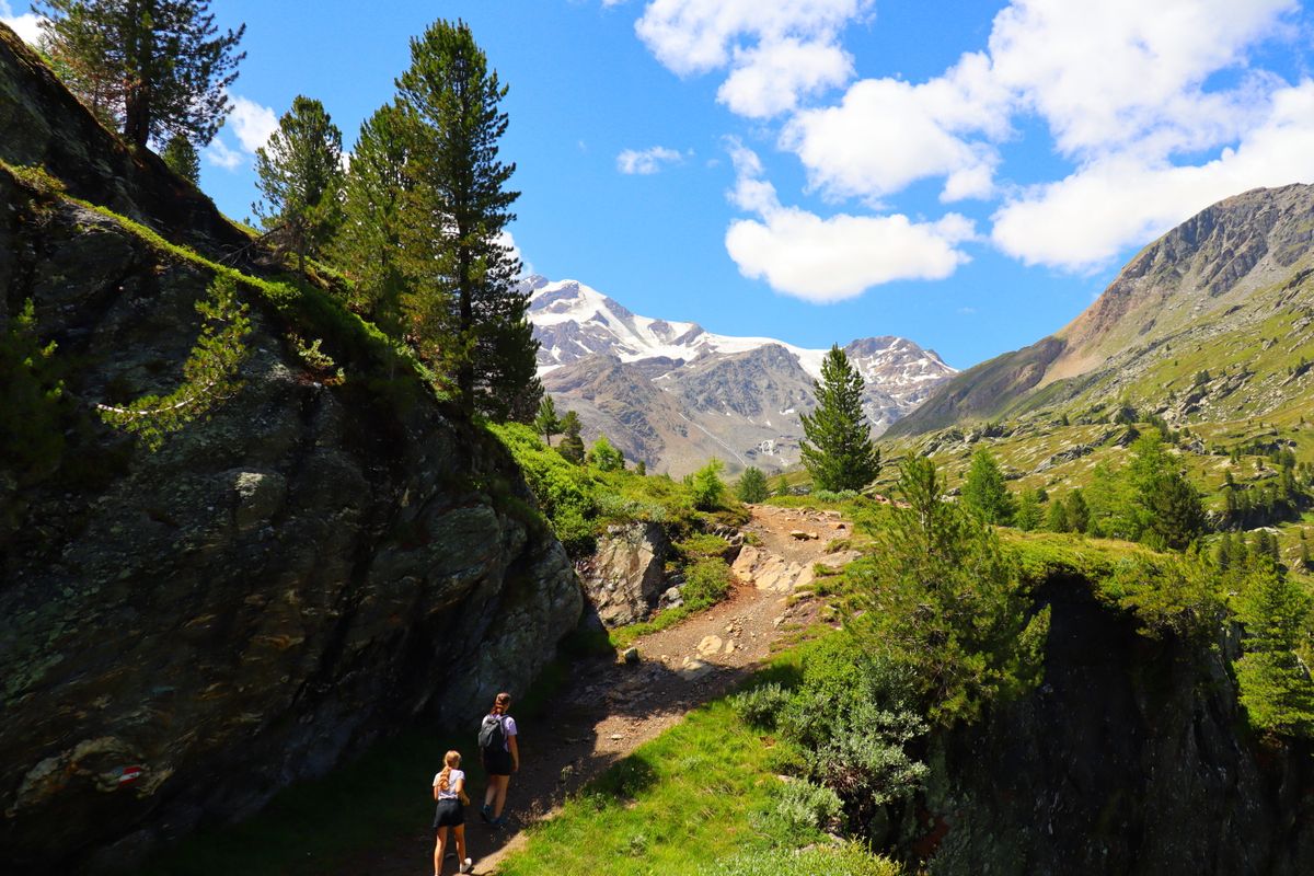 Sentiero escursionistico tra prati verdi e montagne