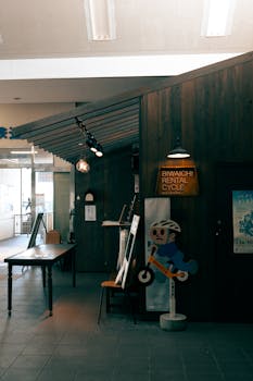 Explore the cozy interior of a bicycle rental shop in Maibara, Shiga, Japan.