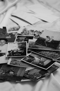 A nostalgic collection of old-fashioned black and white family photographs evoking retro memories.