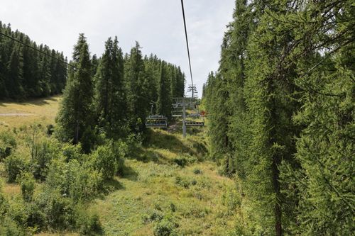 Free Scenic view of a chairlift among evergreen trees in Puy-Saint-Vincent, France. Stock Photo