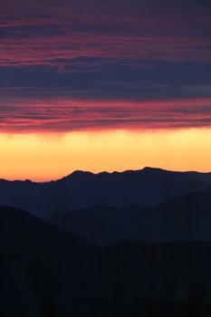 Stunning sunset over Mukteshwar's mountain landscape, capturing a colorful twilight sky.