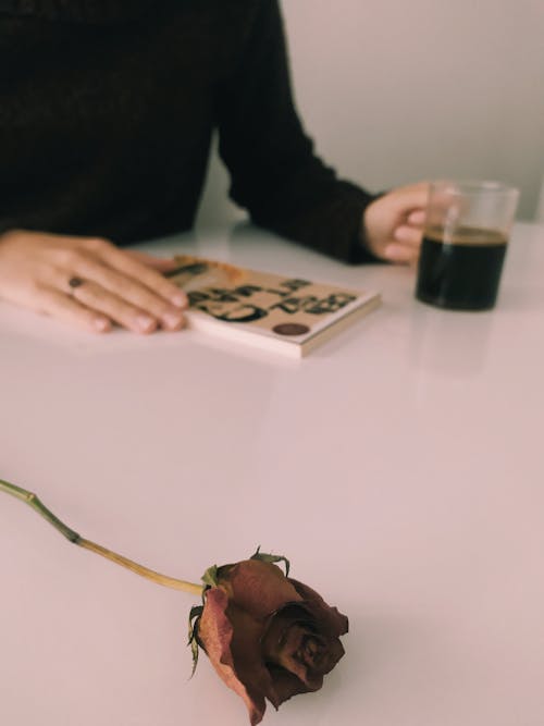 Rose on Table with Hand, Book and Coffee behind