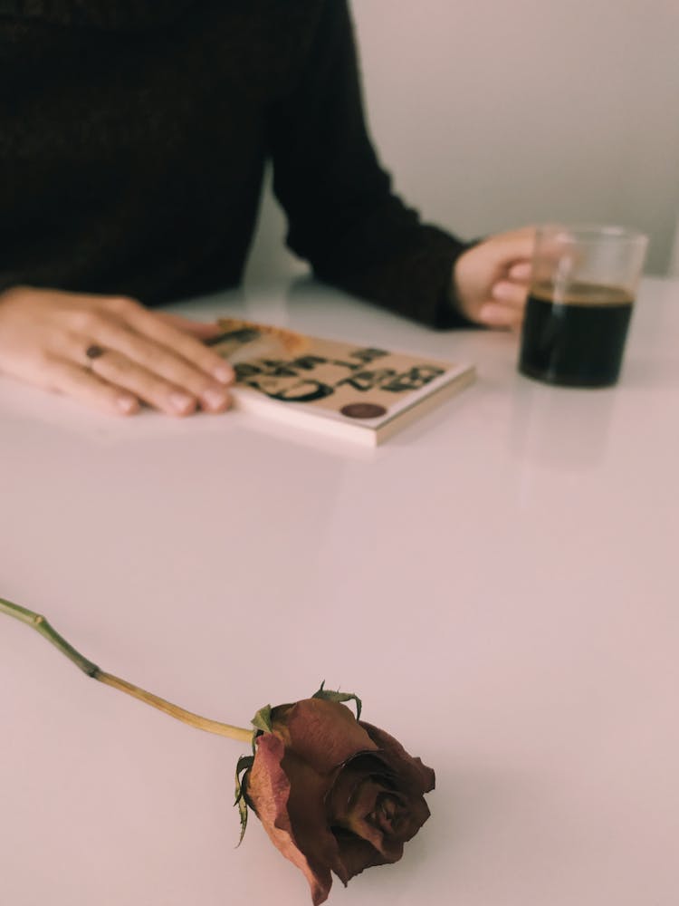 Rose On Table With Hand, Book And Coffee Behind