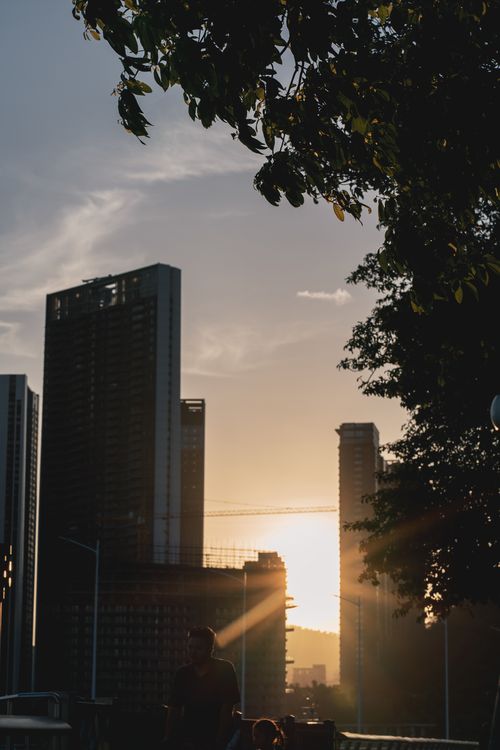 Free A dramatic sunset behind city skyscrapers with silhouettes of people and trees adds a modern urban touch. Stock Photo