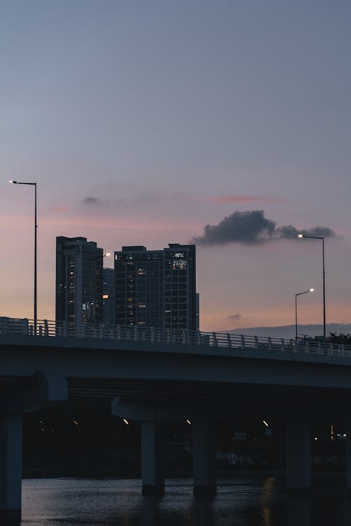 Bridge and Buildings in City at Dusk