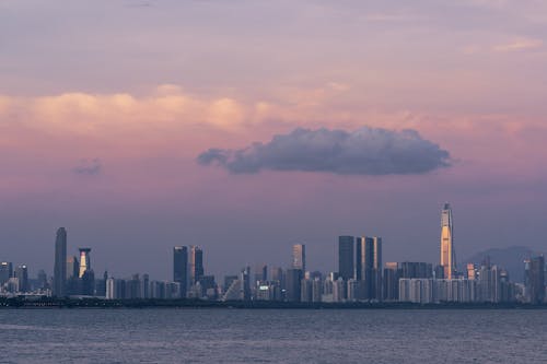 Clouds over Sea Coast in City with Skyscrapers at Dusk
