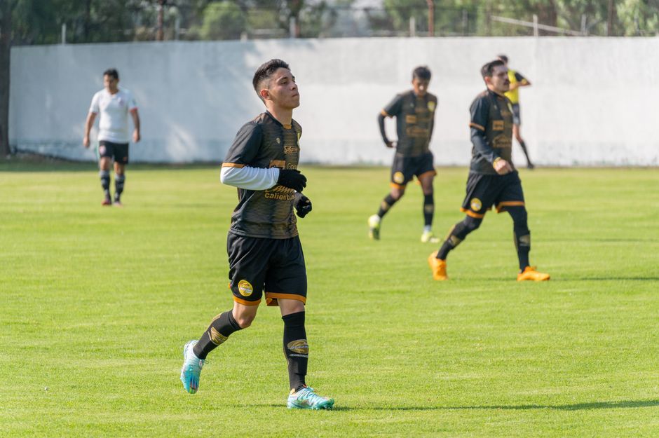 Young soccer players in black uniforms on a grass field during a sunny day game.