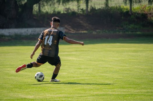 A soccer player prepares to kick the ball on a grassy field during daylight.