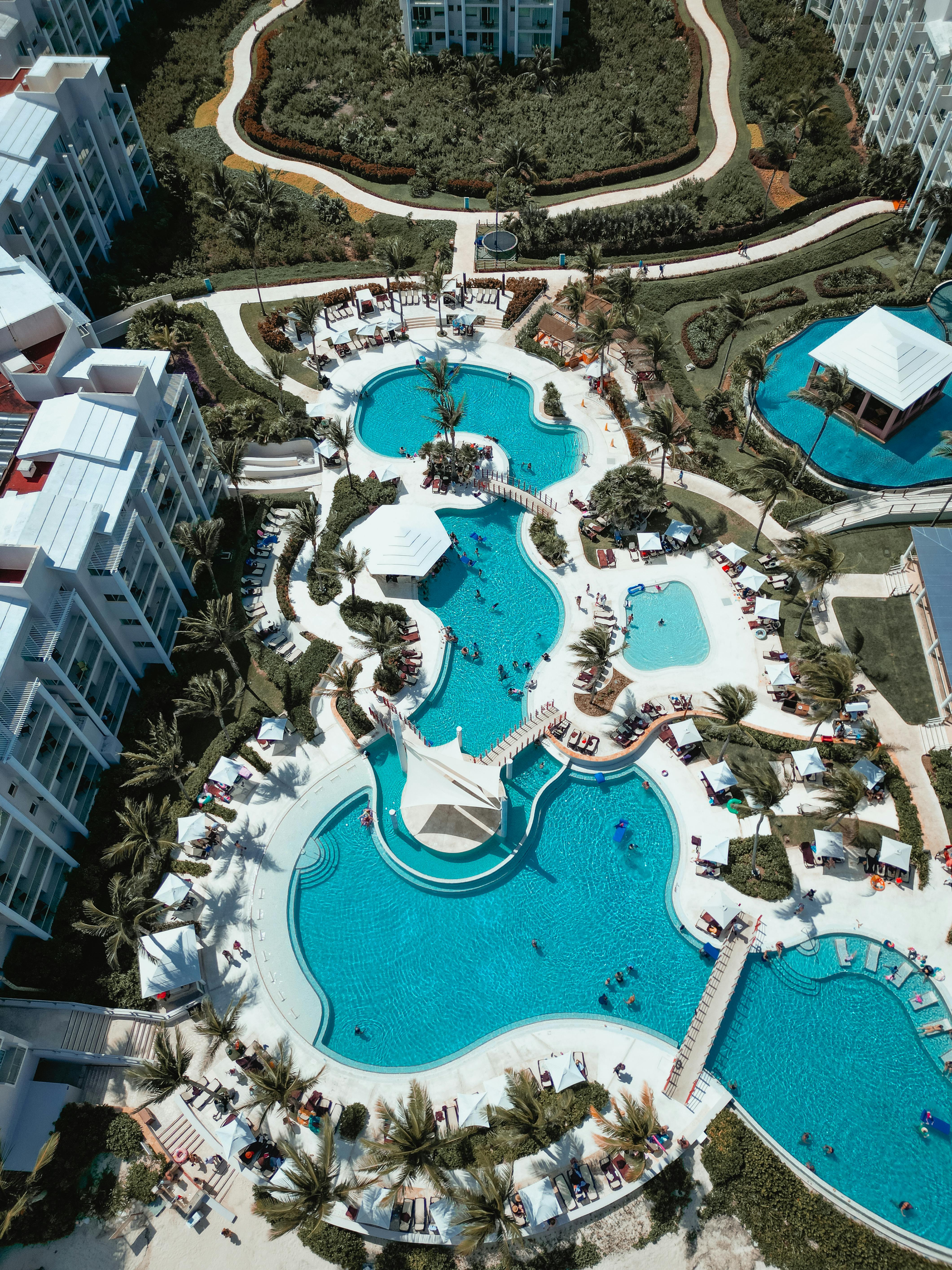 vue aérienne d'une piscine de resort spa entourée de végétation luxuriante
