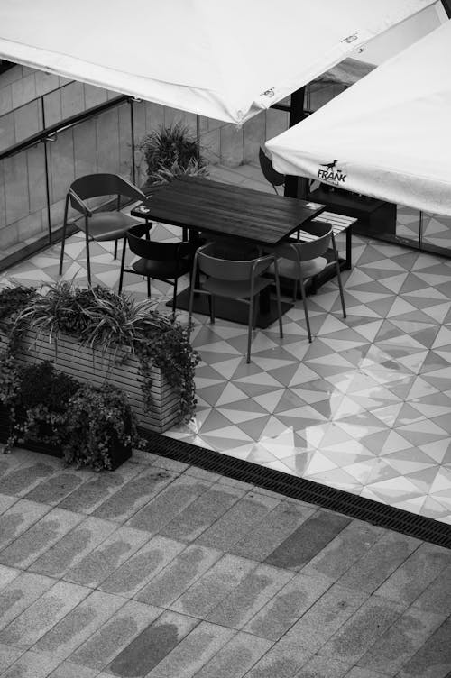 Covers over Table and Chairs in Black and White