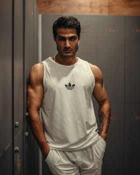 Muscular man in sportswear standing confidently in a gym locker room, showcasing fitness and strength.
