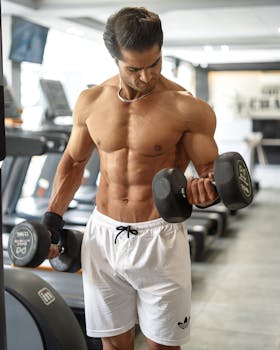 A shirtless, muscular man exercises with dumbbells in a well-lit gym, focusing on bicep curls.
