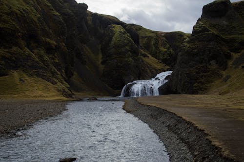 Waterfall on River in Canyon in Iceland