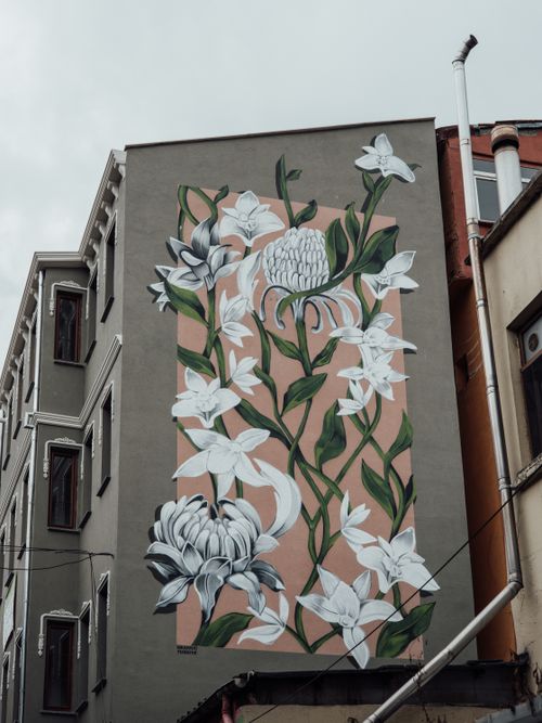 Free A vibrant floral mural decorates a city building, showcasing urban street art culture. Stock Photo
