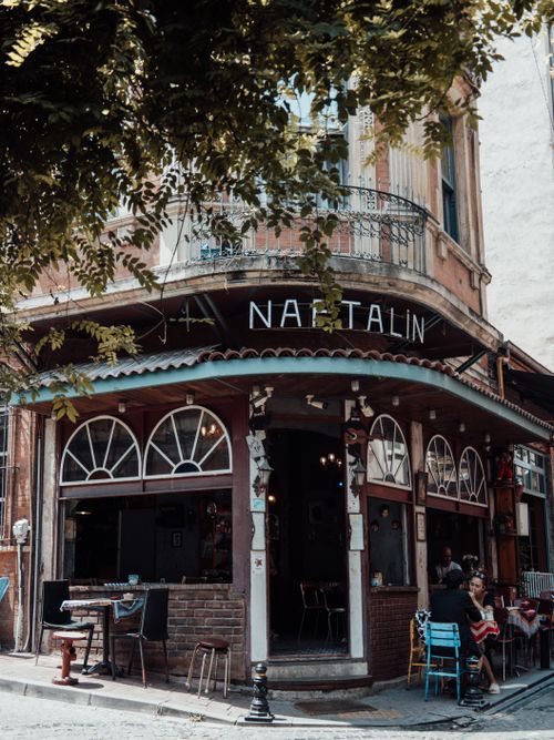 Free Discover this charming Naftalin cafe in Istanbul, showcasing classic urban architecture. Stock Photo