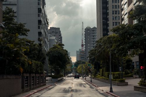 Free A quiet urban street lined with trees and buildings, under a cloudy sky after rain. Stock Photo