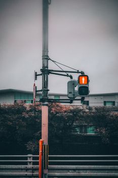 A moody streetlight with a red pedestrian signal against an urban backdrop in Kyoto, Japan.
