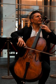 Elegant musician playing cello indoors, creating a refined musical ambiance in Ankara, Türkiye.